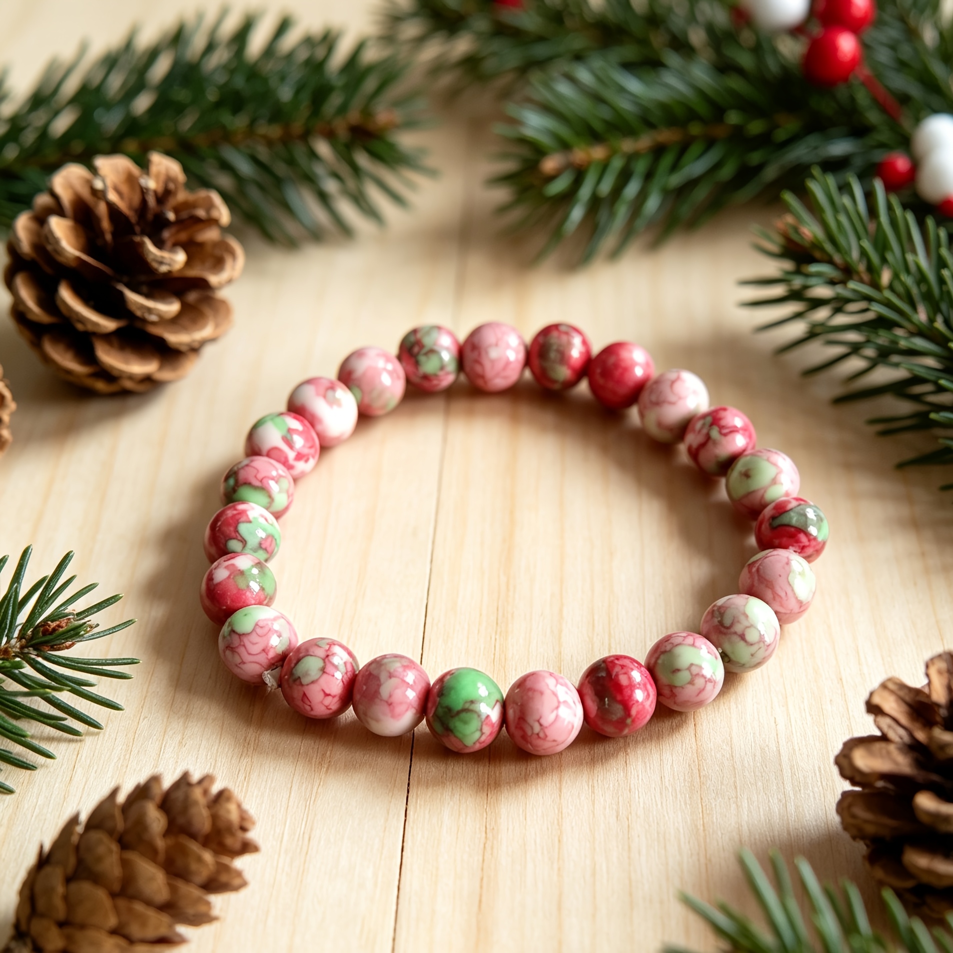 Christmas Red Green Natural Stone Beaded Bracelet, Gift